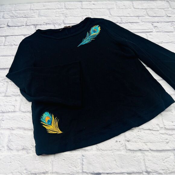 Loft Women's French Terry Bell Sleeve Embroidered Peacock Shirt Large Black - Picture 1 of 9